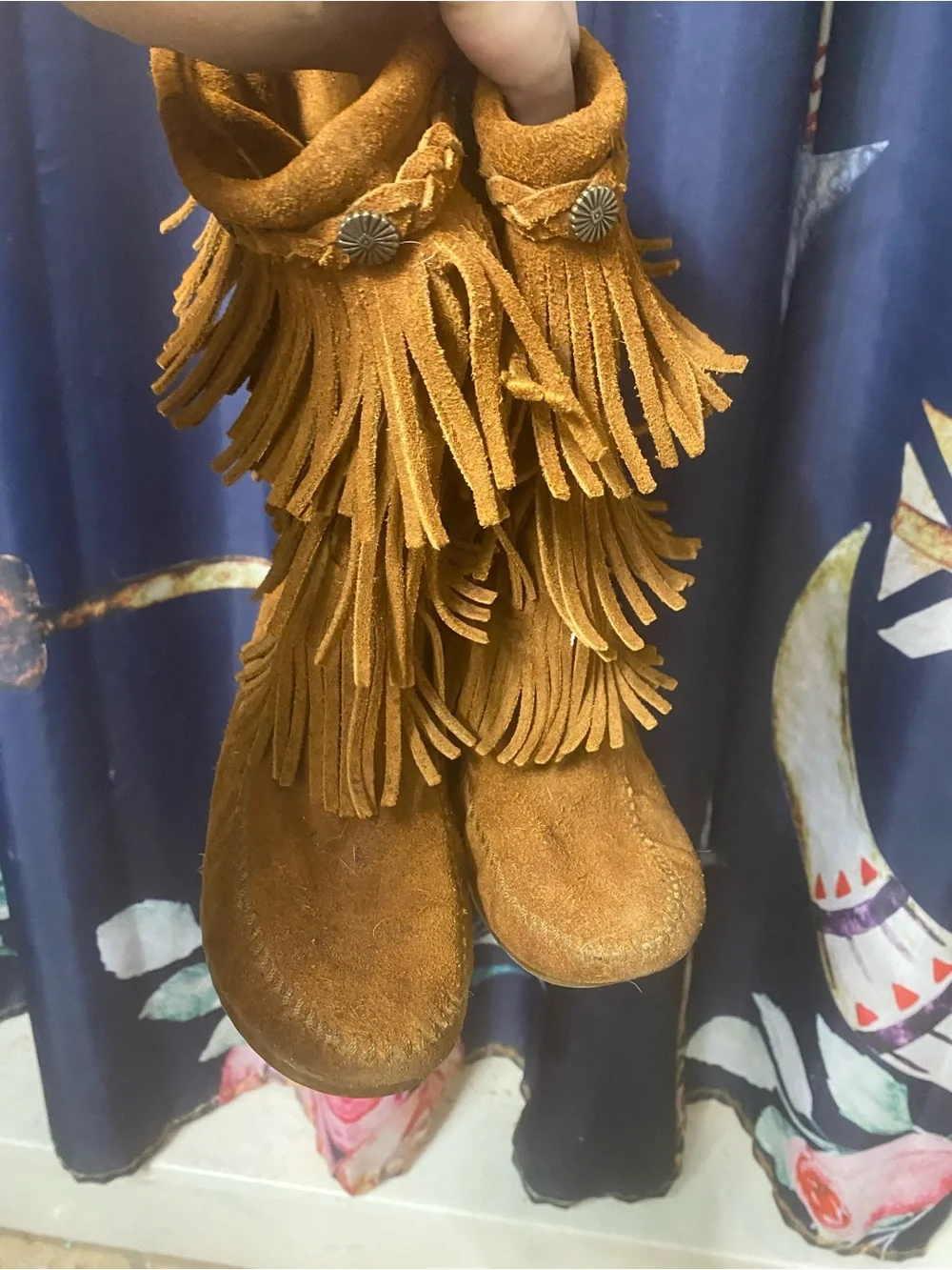 Minnetonka Girls Triple Fringe Moccasin Boot - Brown